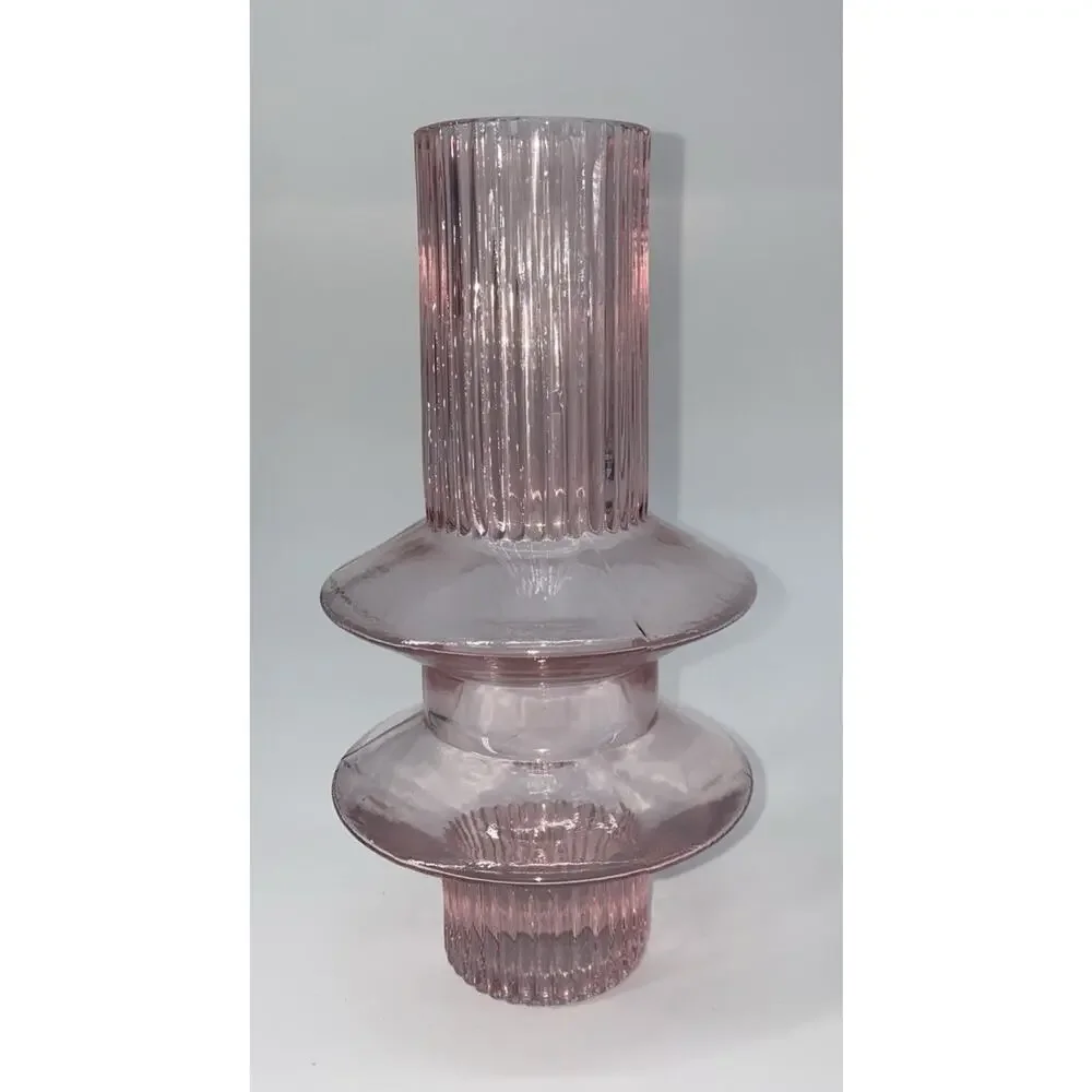 Vintage pink glass vase unusual shape fluted stem 9” Tall